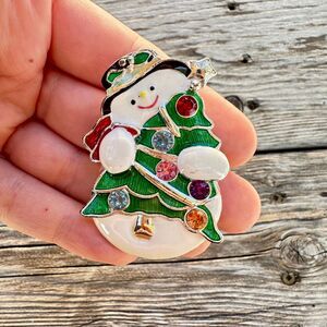Vintage Jewelry Snowman With Christmas Tree Brooch Adorable Snowman Pin
